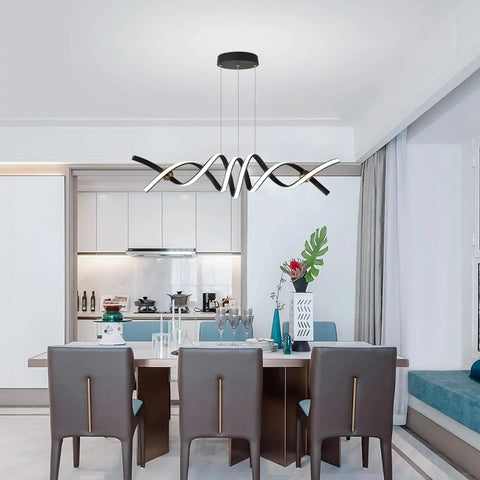Modern LED Chandelier Pendant Lights With Dimmable Remote Control, installed in dining room, matte black finish, two-head design.