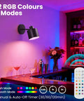 Lightess Battery Powered Wall Sconces Set of Two Black with Remote Control mounted above a bar with RGB lighting.