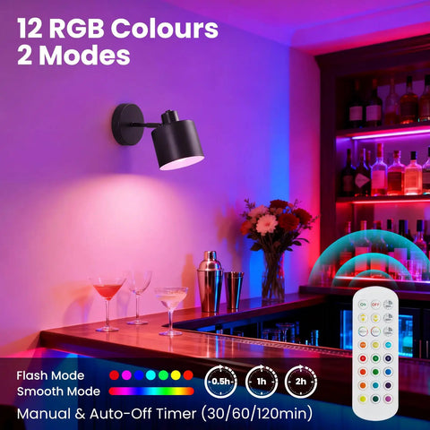 Lightess Battery Powered Wall Sconces Set of Two Black with Remote Control mounted above a bar with RGB lighting.