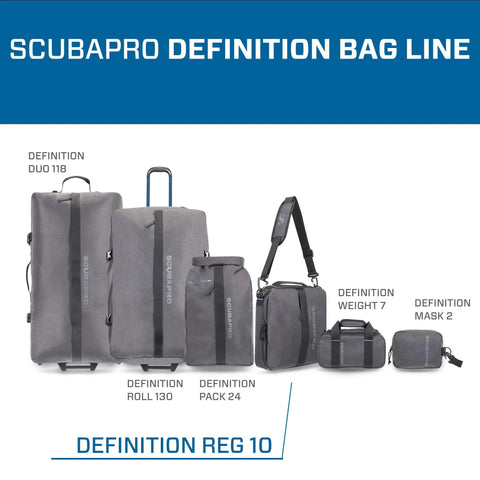 ScubaPro Definition bag line showcasing gray rolling bags, gear bags, and travel cases in different sizes.