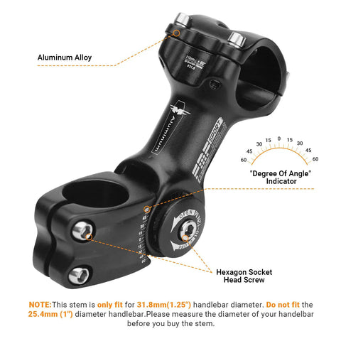 31.8mm Aluminum MTB Stem 110mm 60 Degree Adjustable Riser Handlebar with angle indicator and hexagon socket screws