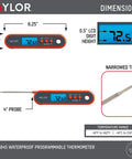Waterproof Digital Meat Thermometer With Folding Probe And Backlit Display In Orange showing dimensions and temperature range.