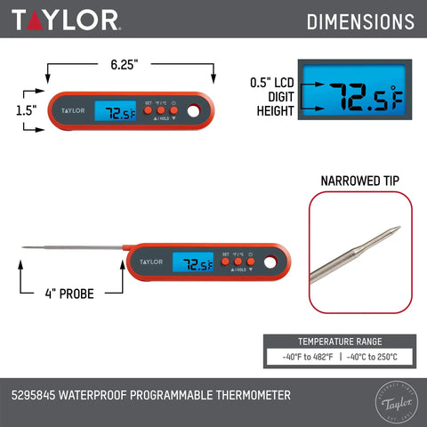 Waterproof Digital Meat Thermometer With Folding Probe And Backlit Display In Orange showing dimensions and temperature range.