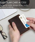 Person holding Trifold Leather Wallet For Men RFID Blocking With 12 Card Slots, American Flag Design, Dark Brown, Durable
