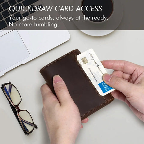 Person holding Trifold Leather Wallet For Men RFID Blocking With 12 Card Slots, American Flag Design, Dark Brown, Durable