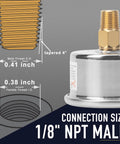 Pressure gauge, side view: stainless steel body with brass 1/8 NPT male connector (glycerin-filled).