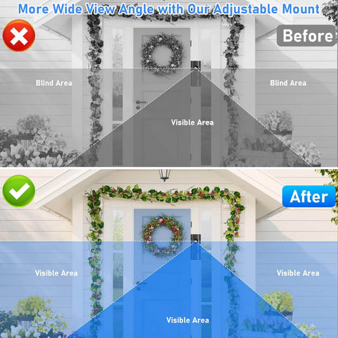 Comparison of doorbell camera view before and after using Adjustable Doorbell Angle Mount 35 To 55 Degrees for Wired Doorbell