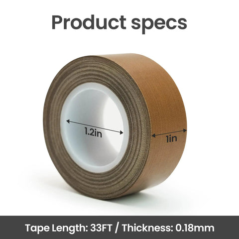 High Temp PTFE Tape For Vacuum Sealers And Hand Impulse Sealers, No Fuss Heat Resistant To 500F, 1 Inch By 33 Feet By 0.18mm roll