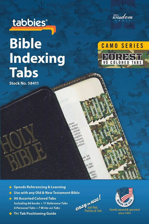 Slick Forest Camo Bible Tabs For Study Bibles And Journals With Dope Self Adhesive Backing Quick Reference Index Stickers displayed on a Bible