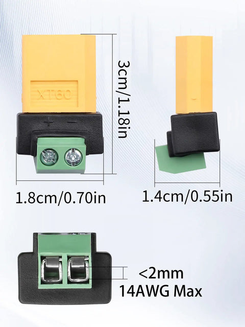 XT60 To 2 Pin Screw Terminal Connector Adapter Set For 10A Power Supply dimensions and design details