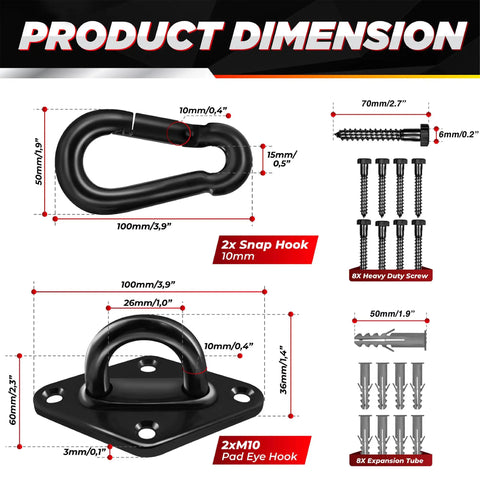 Ultra Heavy Duty Hammock Hanging Kit 1700 Lb Capacity With 2 M10 Stainless Pad Eye Hooks and 2 10mm Snap Hooks dimensions