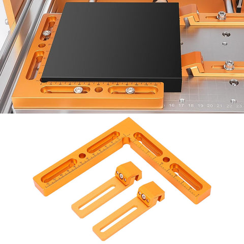 Rock Solid CNC Workpiece Positioning Fixture Kit With T Slot Perforated Table and Hella Accurate Woodworking Vise Clamps, featuring aluminum clamps.