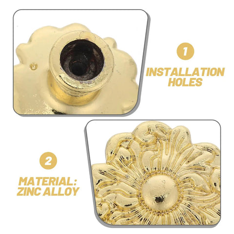 Close-up of antique zinc alloy drawer pull with floral pattern highlighting installation holes and material details.