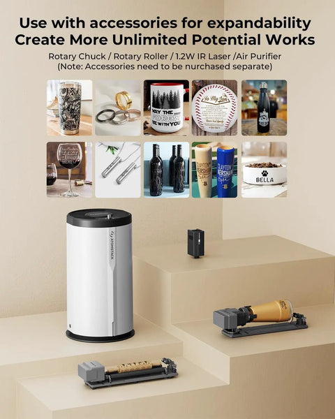 P1 5W Laser Engraver For Beginners accessories including rotary tools and air purifier on display