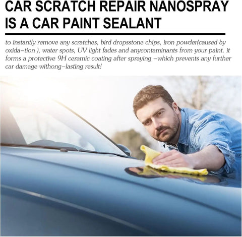 Man applying Nano Car Scratch Remover Spray Kit 3 Pieces Quick Shine And Long Lasting Protective Coating on car surface