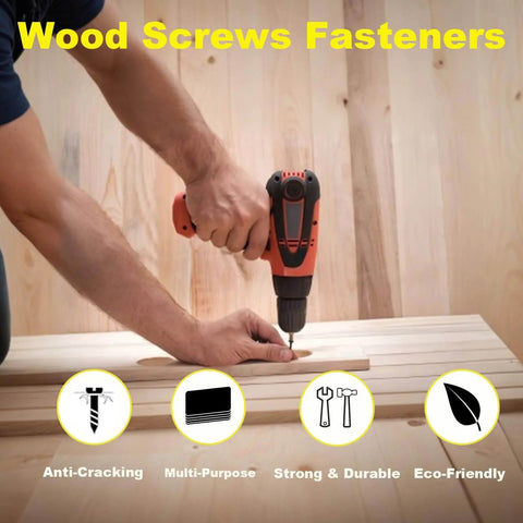Person using a drill with Wood Screws Assortment Kit 500 Piece Set With Short Cabinet Screws Phillips Flat Head on wood.