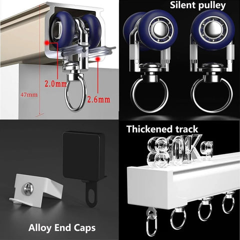 Heavy Duty Curtain Track System With Double Ceiling And Wall Mount Quiet Rollers For Room Divider And Sliding Doors In Champagne Finish Ideal For Living Room Bedroom And Closet 4.7 Meter Length Or 15.4 Feet, showing silent pulleys and thickened track with alloy end caps.