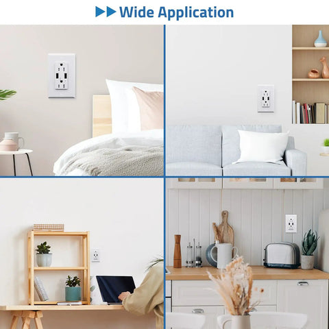 Snazzy Dual Usb Wall Outlet With 15A Tamper Resistant Jacks And 3.6A Quick Charge Ports Features Glowing LED Light UL Approved Decora Plate Nifty Upgrade For Bustling Kitchens And Rec Rooms 20 Count Pack shown in diverse home settings.
