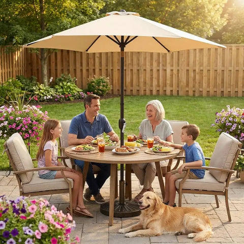 Family dining under 9Ft Outdoor Patio Umbrella With Heavy Duty Base Included Push Button Tilt And Crank UV Protected Canopy in tan.