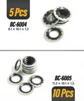 Close-up of 5 BC-6004 and 10 BC-6005 seals from 45 Piece Auto A C Gasket And Seal Kit, showing size and material details.