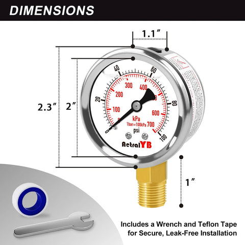 AetralYB 2-inch glycerin-filled pressure gauge with stainless steel case and 1/4 in NPT lower mount