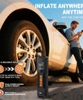 Man using Portable Tire Inflator Cordless Air Pump With Auto Shut Off And 150 PSI Capacity Digital LCD Display