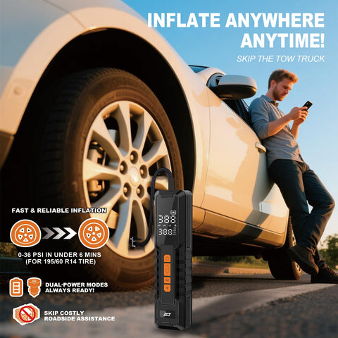 Man using Portable Tire Inflator Cordless Air Pump With Auto Shut Off And 150 PSI Capacity Digital LCD Display