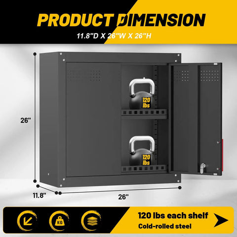 Beefy Heavy Duty Metal Wall Cabinet For Garage with dimensions 11.8"D x 26"W x 26"H, adjustable steel shelves, lockable doors.