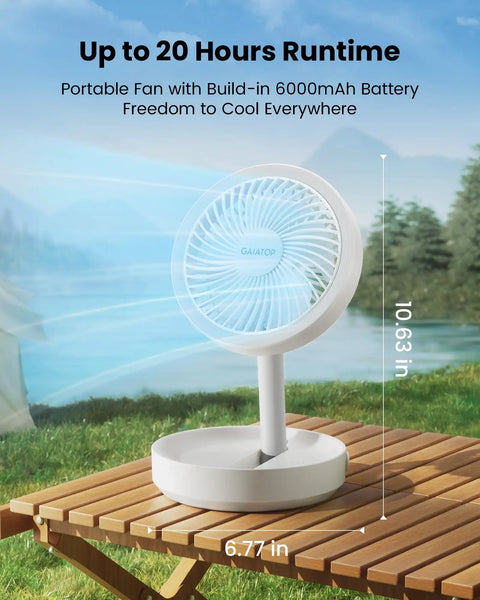 Foldable Desk Fan With LED Night Light 6.8 Inch Wireless Portable Fan on wooden table outdoors