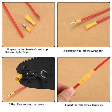 200 Pcs Bullet Connectors Set Male And Female 22 16AWG Insulated Splice Terminals usage steps with pliers and wires