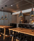 Top Tier Black Pendant Lights Set Of Two Slick Wooden Dome Fixtures For Kitchen Island Or Rustic Barn in modern bar setting.