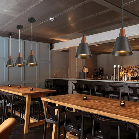 Top Tier Black Pendant Lights Set Of Two Slick Wooden Dome Fixtures For Kitchen Island Or Rustic Barn in modern bar setting.
