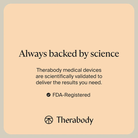 Therabody message about scientific validation and FDA registration on a beige background.
