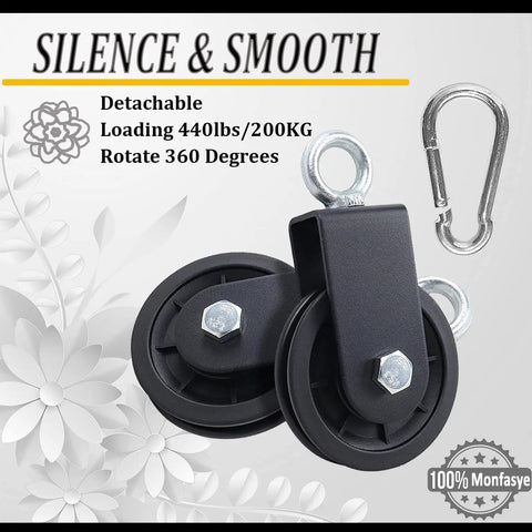 360 Degree Rotating Gym Cable Pulley With Hanging Straps And Carabiner, Heavy Duty DIY Cable Machine Attachment For Home Gym And Projects, Snatch Rigging Block 3.54 Inch Lifting Blocks, black pulley and carabiner