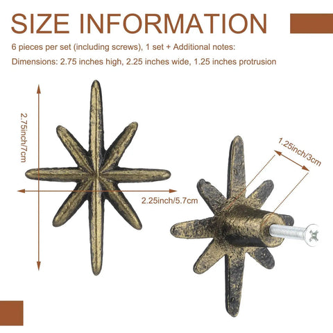 Six Piece Antique Gold Cast Iron Drawer Pulls And Cabinet Knobs Set With Eight Pointed Star Burst Design; dimensions illustration
