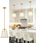 Karjearl Gold Pendant Lights Kitchen Island, 12.2" Linen Drum Chandelier over kitchen island with white bar stools.