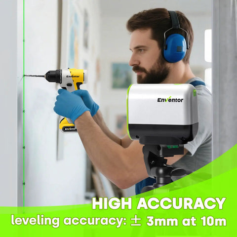 Dual Laser Level With Tripod USB Rechargeable 2200mAh Battery Self Leveling IP54 Waterproof Dustproof Shockproof 7 Hour Runtime For Precise DIY And Pro Projects, man drilling wall