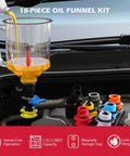 18-Piece Engine Oil Funnel Kit With 12 Color-Coded Adapters, 1.59QT Capacity, shown during oil change on car engine