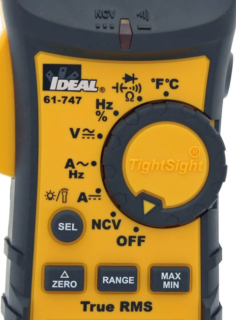 Close-up of Job Site Ready Pro Grade TightSight 61-747 Digital Clamp Meter control panel with function dial and NCV button.