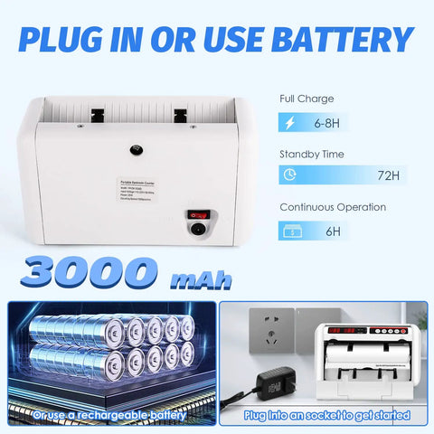Portable Battery Operated Bill Counter With UV And MG Detection, 800 Bills Per Minute, battery power and charging options displayed