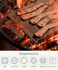 Made In Professional Carbon Steel Griddle With Cast Iron Grill Press, Giant Hibachi Style Plancha Combo For Indoor Outdoor Cooking, Induction Compatible Heavy Duty Flat Top Pan Up To 1200 Degrees Fahrenheit cooking bacon on grill over fire.