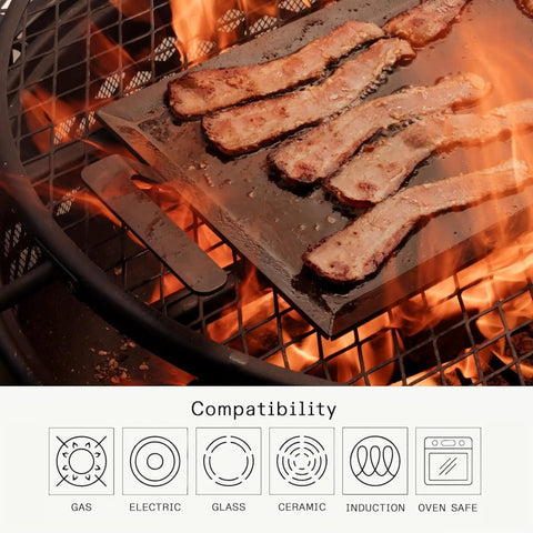 Made In Professional Carbon Steel Griddle With Cast Iron Grill Press, Giant Hibachi Style Plancha Combo For Indoor Outdoor Cooking, Induction Compatible Heavy Duty Flat Top Pan Up To 1200 Degrees Fahrenheit cooking bacon on grill over fire.