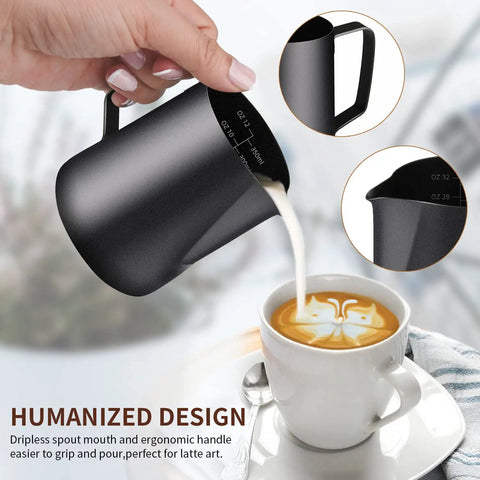 Sturdy Stainless Steel Milk Frothing Pitcher 12 Oz 350 Ml With Barista Grade Latte Art Pen For Espresso Machines Coffee Frother Cup Black Dishwasher Safe And Latte Art Decorating Tool pouring milk into coffee