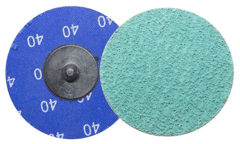 3 Inch Quick Change Sanding Discs With Pro Grade Green Zirconia Grit For Deburring Polishing Rust Removal On Metal R Type Backing Drill And Die Grinder Compatible 25 Pack 36 Grit, showing front and back view, green and blue sides.