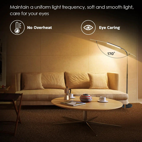 Ultra Bright 15W LED Floor Lamp With Remote And Touch Control illuminating a living room with a sofa and coffee table