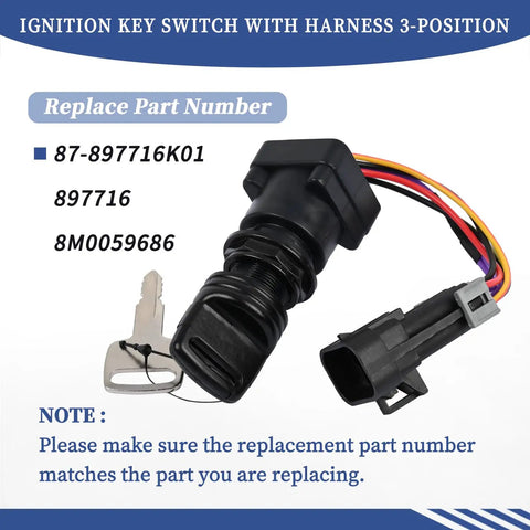 Ignition Key Switch With Harness For Mercury Marine Quicksilver Outboard Motors, 3-Position Replacement 8M0059686 897716