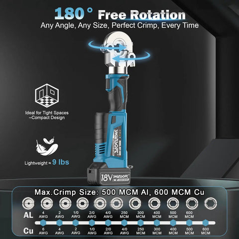 6 Ton Electric Hydraulic Crimping Tool With Dual 18V Quick Swap Batteries For Smooth Continuous Wire Lug Application. Features 180° rotation.