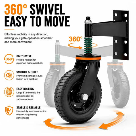360° swivel heavy duty gate wheel with black powder coat for smooth movement, part of Built Like A Tank These Heavy Duty 6 Inch Solid Rubber Gate Wheels Roll Smooth As Buttermilk And Crush Fence Sag While Supporting Up To 600 Pounds.