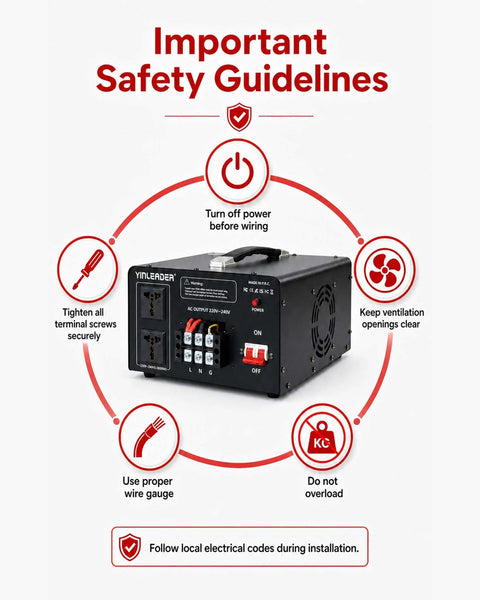 Straight Shooting Heavy Duty Step Up Voltage Converter Transformer Adjusting AC 110 To 220 Volts safety guidelines with connection details.