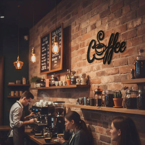 Brick wall with Metal Coffee Bar Sign Rustic Kitchen Wall Decor For Home Cafe Station Vintage Farmhouse Art With Steam Cup Design